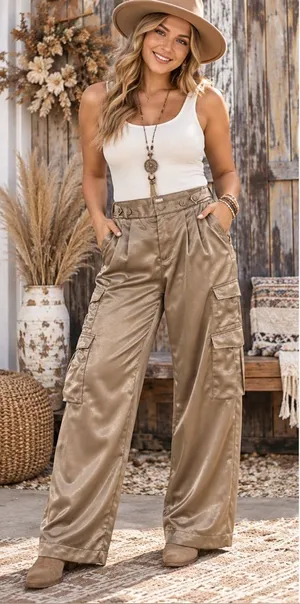 Target Satin Cargo Wide-Leg Pants in Taupe thumbnail 1