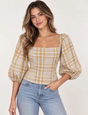 Anthropologie Maeve Plaid Square-Neck Blouse bohemian-style Xs Puff Sleeve thumbnail 1