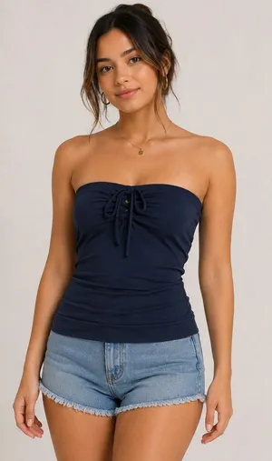 Electric Behaviour Navy Blue Strapless Ruched Tube Top XL NWT thumbnail 1