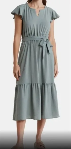 Lucky Brand Flutter Sleeve Midi Dress Small Sage Green Modest Church Fall Chic thumbnail 1