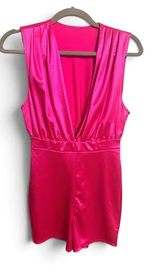 Hot Pink Satin Romper Barbie Halloween Costume Party Deep V thumbnail 1