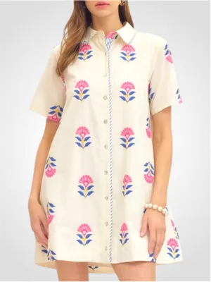 Women's Entro Button Down Embroidered Shirt Dress in White Size S thumbnail 1