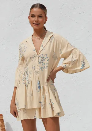 Commence "Ciao" Graphic Print Mini Dress - XS - Bell Sleeve & Tiered Hem thumbnail 1