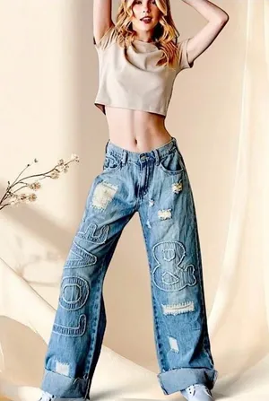 Oli & Hali EUC Women's Love & Applique Patch Wide Leg Jeans Size L thumbnail 1