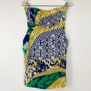 Forever 21 Tropical Strapless Yellow Blue Green Mini Dress Sundress Womens L thumbnail 3