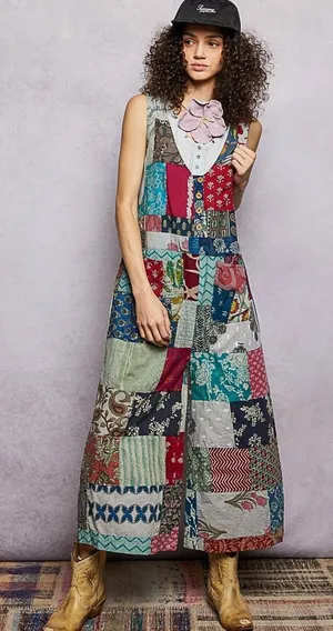 POL Sleeveless Patchwork Wide Leg Jumpsuit - Large‎ thumbnail 1