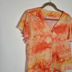 Orange Tie Dye Blouse Top Flutter Sleeves Feminine Fun Summer Hippie Gypsy Large thumbnail 6