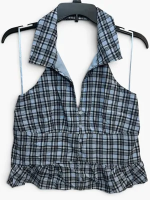 Hollister Blue Plaid Halter Peplum Top Women’s M Button Front Ruffle Y2K thumbnail 3