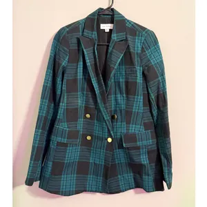 Free Assembly Women's Plaid Double‎ Breasted Blazer Teal Black Gold Buttons XS thumbnail 3