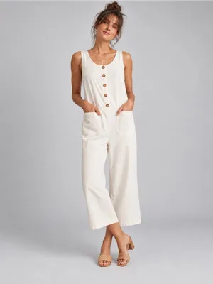 Marine Layer XS Ivory Sleeveless Button Front Wide Leg Cropped Jumpsuit Pockets thumbnail 9