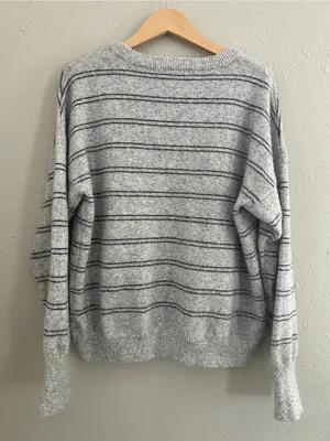 Staccato Gray Crewneck Sweater with Black Stripes Casual Fall Comfy Neutral XL thumbnail 4