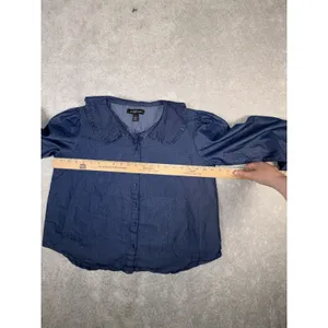 Audrey Lane brand denim blouse‎ collared puff sleeve L thumbnail 4