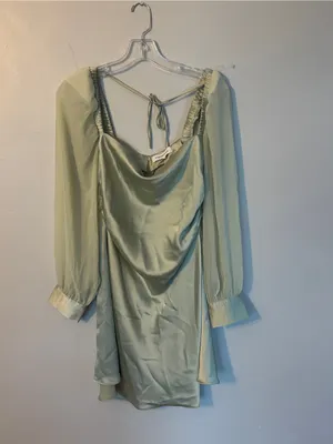 WeWoreWhat Cowl Neck Mini Dress with Sheer Long Sleeves - Sage thumbnail 2