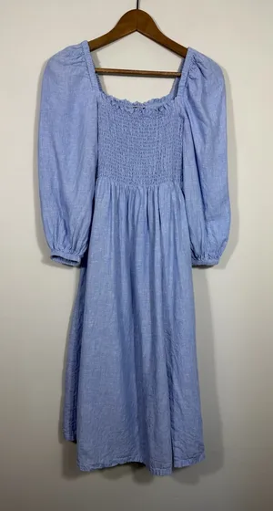 J.Crew Linen Daydream Dress Blue Smocked Puff Sleeve Midi Size S thumbnail 1