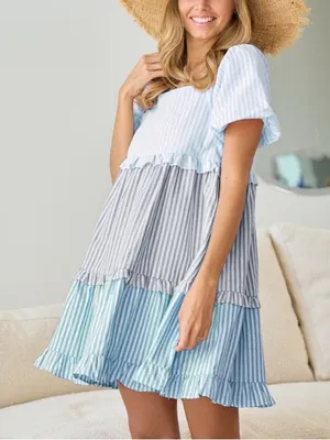 BiBi Cute Pink Pastel Stripe Ruffle Tier Puff Sleeve Babydoll Summer Dress Sz XL thumbnail 14