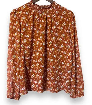 J Crew Shirt Medium Smocked Puff‎ Sleeve Ruffle Burnt Orange Floral Blouse thumbnail 1