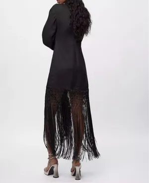 Zara dress midi black linen fringed fringes boho thumbnail 7