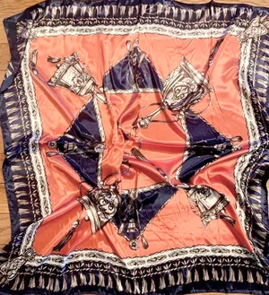 Vintage Large Antique Bells &Tassels blue/orange SQUARE SILKY SCARF 35/35 thumbnail 3