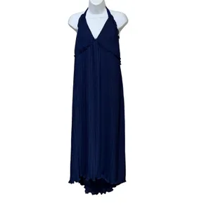 Lulus Navy Blue Pleated Halter Open Back Midi Dress XL Ruffle Trim Wedding Guest thumbnail 3
