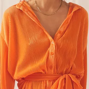Peppermayo Soho Chic Shirt Plisse Dress, Tangerine, Size Small thumbnail 3