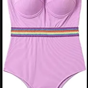 Purple One-Piece Swimsuit with Rainbow Waistband thumbnail 1