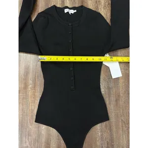 NWT Good American Black Henley Button-down Ribbed Bodysuit Size 1/Small Preppy thumbnail 8