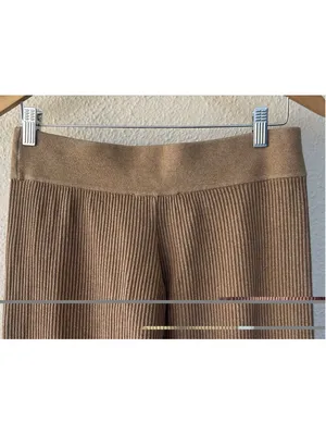 FRAME Camel Ribbed Knit Flare Wide Leg Pants L High Waist Pull On Lounge Stretch thumbnail 6