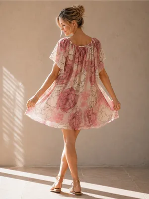 BCBGMaxAzria Boho Blush Pink Floral Mesh Cottagecore Flutter Sleeve Dress thumbnail 4