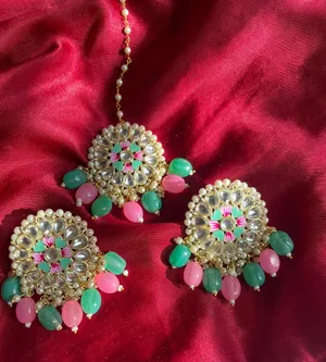 Pink and Turquoise Earrings with Tikka thumbnail 7