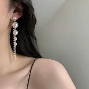 Elegant White Pearl Dangle Drop Earrings for Women,CZ Tassel Pearl Earrings thumbnail 4
