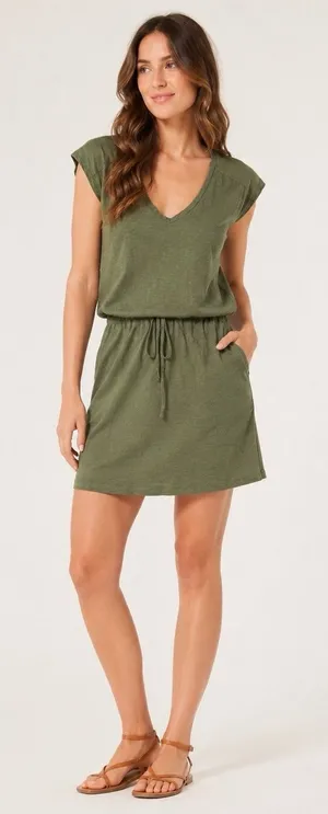 Boden Olive Green V Neck Drawstring Slub Cotton Mini T Shirt Dress Coastal 4R thumbnail 1