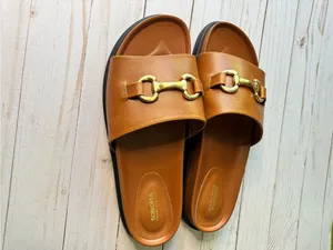 Sonoma Cognac Slide Sandals with Gold Chain Detail Low Heel Size 10 New With Tag thumbnail 3