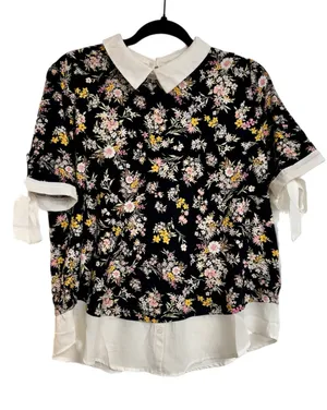 Faith and Joy Black Floral Collared Blouse with White Trim thumbnail 1
