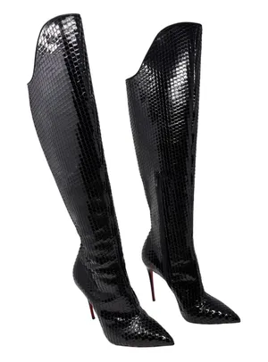 Christian Louboutin Alta Botta 100 Black Patent Bird Knee High Boots 38.5 thumbnail 1