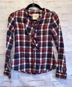 Abercrombie & Fitch Red Navy Plaid Ruffle Button-Down Shirt XS cotton thumbnail 1