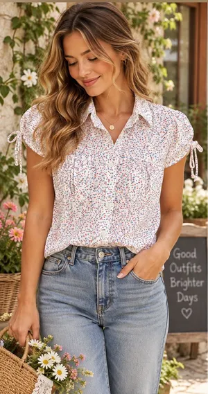 Tommy Hilfiger Ditsy Floral Tie Sleeve Button Down Blouse Size Medium thumbnail 1