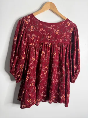 Old Navy Puff-Sleeve Floral Tiered‎ Swing Boho Top Burgundy Floral XXL Flowy thumbnail 3