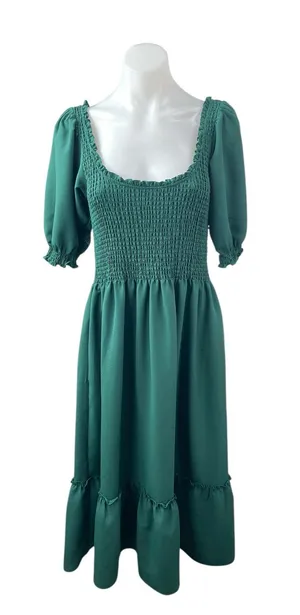 Hill House Home The Louisa Crepe Green Half Sleeve Smocked A Line Midi Dress M thumbnail 1