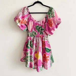NWT Midnight Doll Pink Tropical Floral Mini Dress Large L Puff Sleeve Smocked Waist thumbnail 1