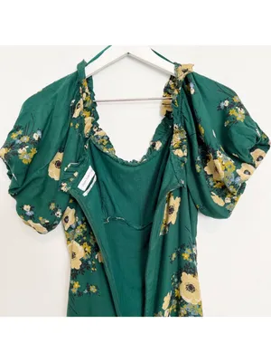 Urban Outfitters Dress Size 2 Green Floral Puff Sleeve Off Shoulder Mini Cottage thumbnail 9