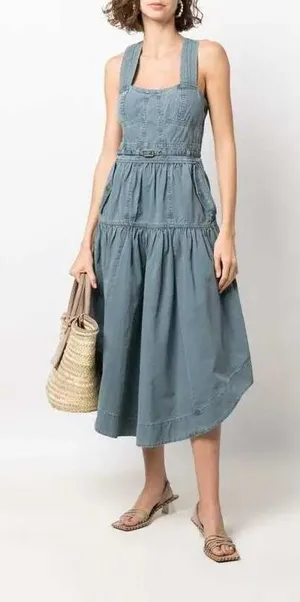 Ulla‎ Johnson Enzo Denim Dress Blue Cotton Tiered Midi Sweetheart Neck Size 4 thumbnail 1