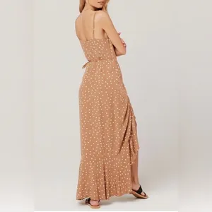 L*Space Polka Dot‎ Wrap Dress Tan Ruffle Maxi Dress Size M thumbnail 2