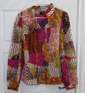 Fate Patchwork Print Blouse Boho Multicolor Long Sleeve Button Front Top Small Pink thumbnail 1