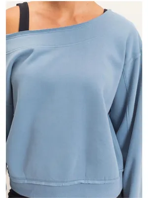NEW Double Zero Dusty Blue Raw Edge Off Shoulder Sweatshirt – Medium thumbnail 6