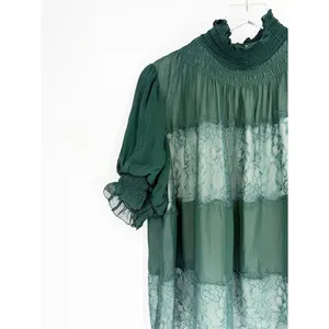 Anthropologie High Neck Lace Swing Blouse Women's S Green Romantic‎ thumbnail 4