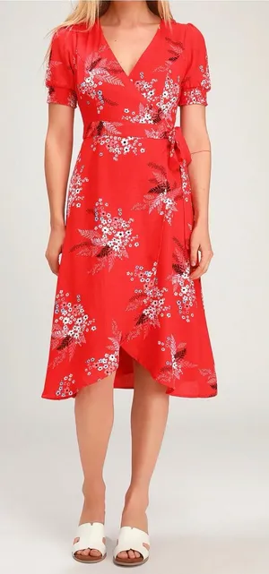 Lulus Women’s All the Sweetness Floral Print Puff Sleeve Midi Wrap Dress Size M thumbnail 1