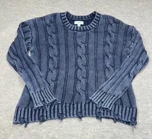 Evereve Distressed Cable Knit Cotton Sweater Navy Blue Sz M‎ EUC Fisherman thumbnail 1