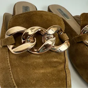 Steve Madden Finn Chain Pointed Toe Chestnut Suede Mules Gold Chain Size 8.5 thumbnail 10