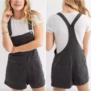 Aerie Werk and Play Denim Short Overalls TAN KHAKI Womens Size XS thumbnail 2