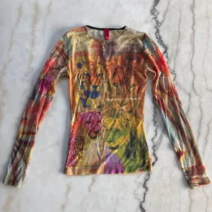Y2K Vintage Save The Queen Sheer Mesh Big Cat Graphic Top Long Sleeve Size M thumbnail 1